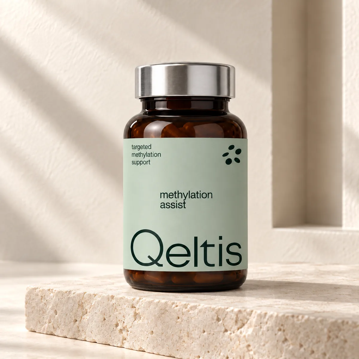 Bottle of methylation assist on travertine