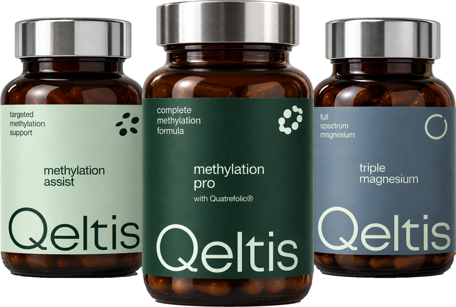 Os três frascos Qeltis: methylation assist, methylation pro e triple magnesium