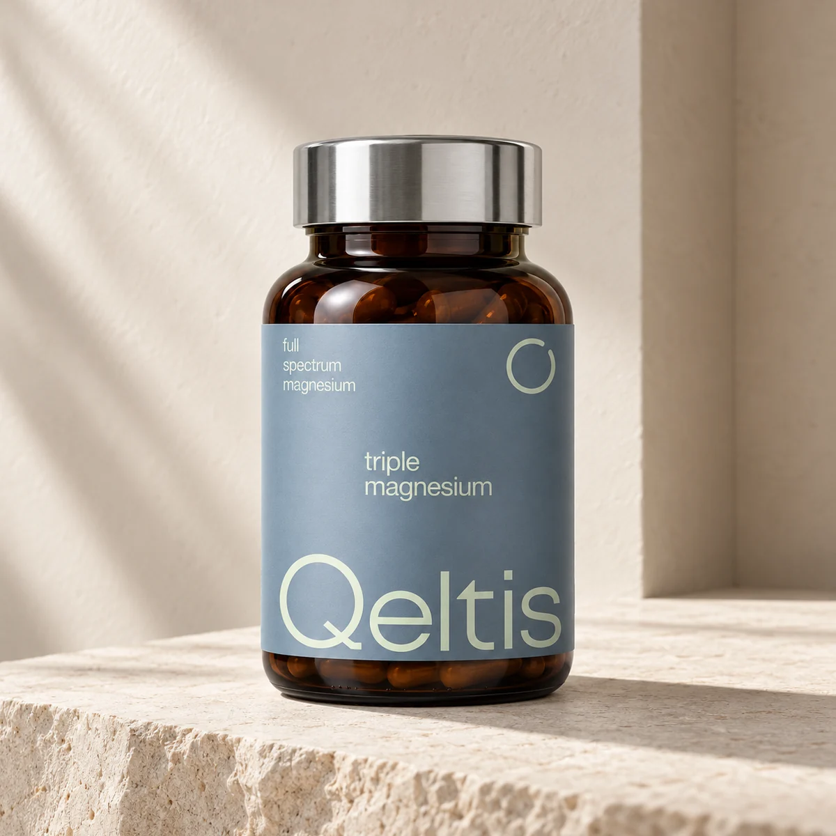 Bottle of triple magnesium on travertine